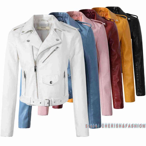 

2022 new fashion women smooth motorcycle faux leather jackets ladies long sleeve autumn winter biker streetwear white black coat l220728
