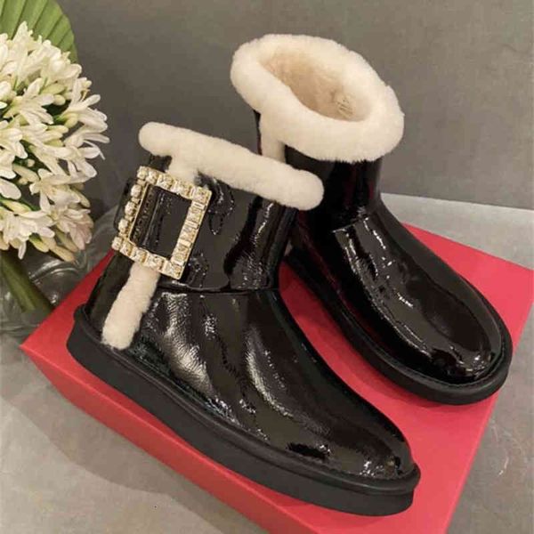 

rv boots winter square buckle snow boots women's flat bottom plush short leather warm ins net red c6av, Black