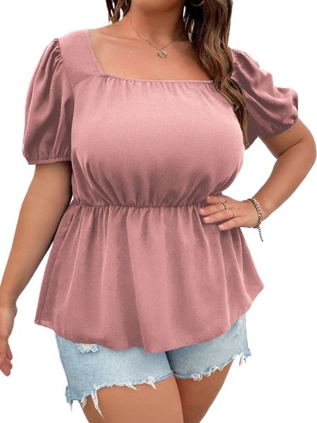 

plus square neck puff sleeve peplum blouse v4mp#, Black