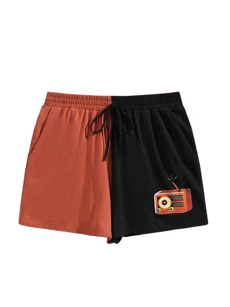 

x posse radio print two tone tie waist shorts x3u2#, White;black