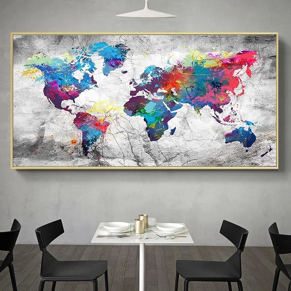 Colorful World Map Tela Painting Poster e stampe Abstract World Map Wall Art Immagini moderne per la decorazione del soggiorno