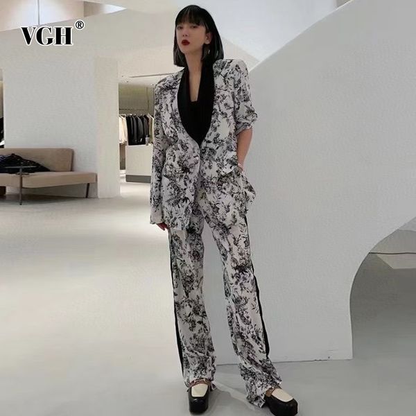 

print two piece set for women notched long sleeve blazers high waist full length wide leg pants vintage sets female 210507, White