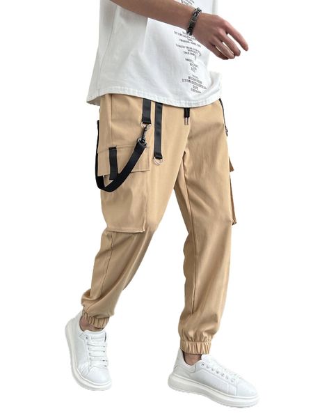 

men key holder ribbon cargo pants i4ye#, Black