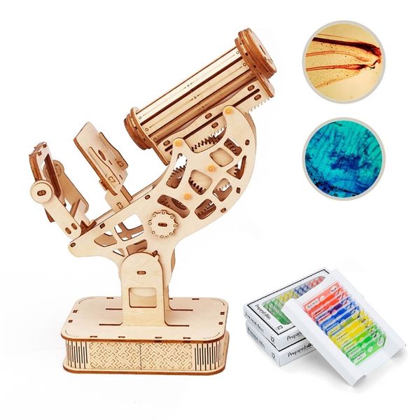 Microscopio biologico educativo Kit stelo puzzle 3D meccanico in legno con diapositive Ingrandimento ottico 160X per bambini Adulto 220715