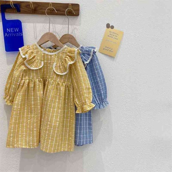 

2022 spring girls princess plaid lace collar dress 2 year old baby girl clothes children's dresses l220715, Red;yellow