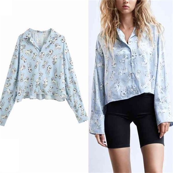 

animal print shirt women cute cartoon blouse lapel collar long sleeve front button asymmetry hem casual woman shirts 210524, White
