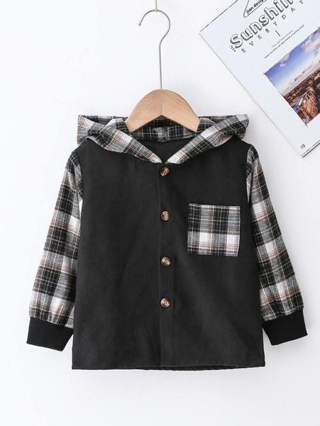 

toddler boys plaid panel pocket front hooded coat she, Blue;gray