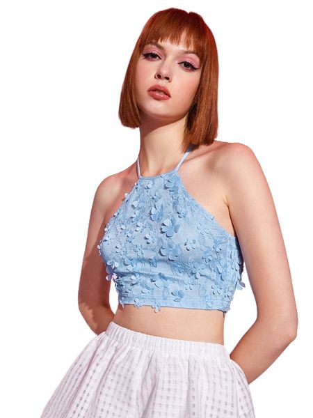 

lace up backless applique detail lace crop cami q9wo#, White