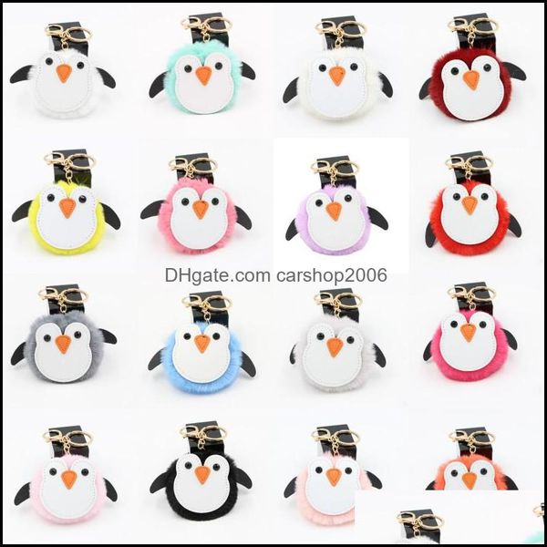 Schlüsselanhänger Schmuck Entzückende Pinguin Ring Pompom Auto Schlüsselanhänger Anhänger Pelz Ball Keyfobs Anhänger Cartoon Paar Ornament P59 Dhcle