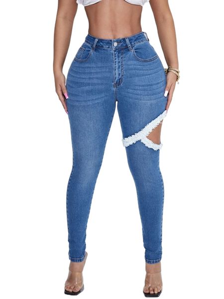 

sxy high waist cut out frayed trim skinny jeans i6z9#, Blue