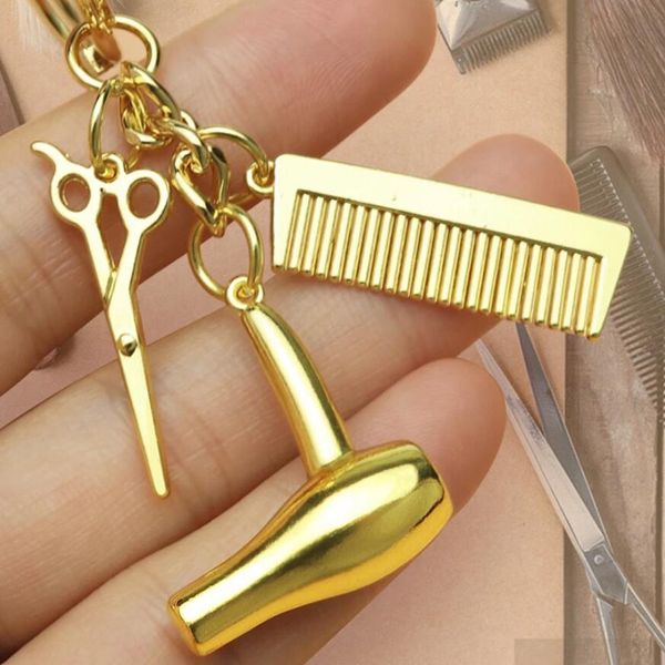 

men personalized keychain creative simulation hair dryer scissors comb pendants barber tools key ring personal defense keychain, Silver