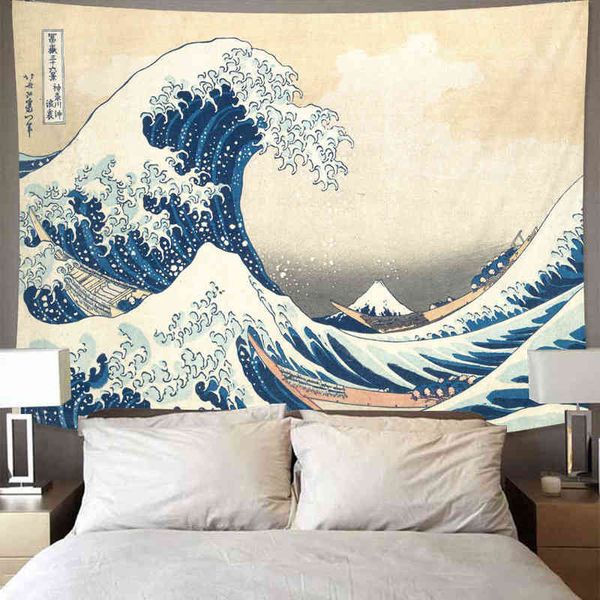 Arazzo decorativo per la casa giapponese Giappone Monte Fuji Arte stampata Kanagawa Grande onda da appendere alla parete J220804