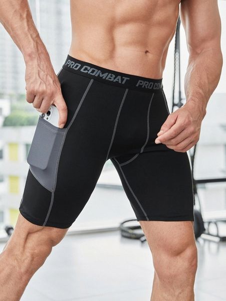 

men couple letter tape stitching sports tights with phone pocket s05n#, Black