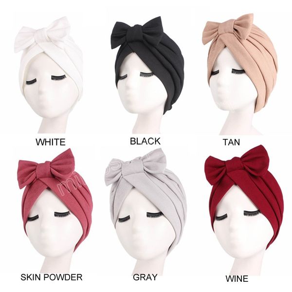 Bowknot Turban Caps for Women Head Wrap Color Solid Fashion India Hijab Hat Chemo Cap Ladies Muslim Hair Acessórios