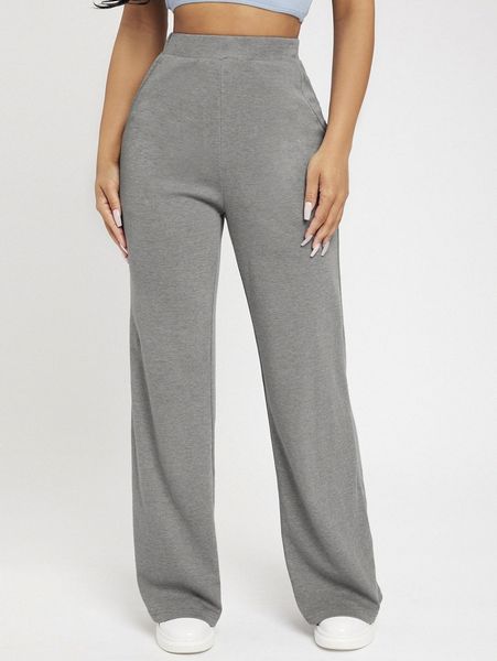 

petite solid high waist pants a9t3#, Black;white