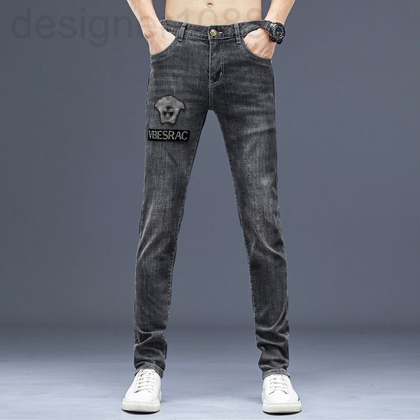 

men's jeans designer medusa spring new men's jeans rust flower drill korean version elastic slim fit small foot pants ny3d, Blue