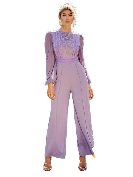 

lace insert lantern sleeve wide leg jumpsuit h2q5#, Black;white