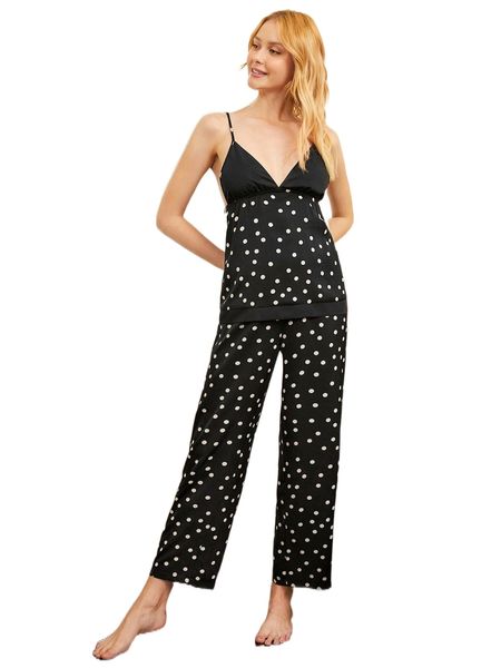 

polka dot print chiffon bustier cami & pants pj sets v44e#, Black;red