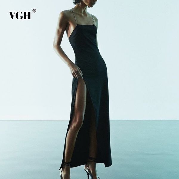 

black elegant sling dress for women square collar sleeveless side split midi dresses female summer fashion clothes 210507, Black;gray