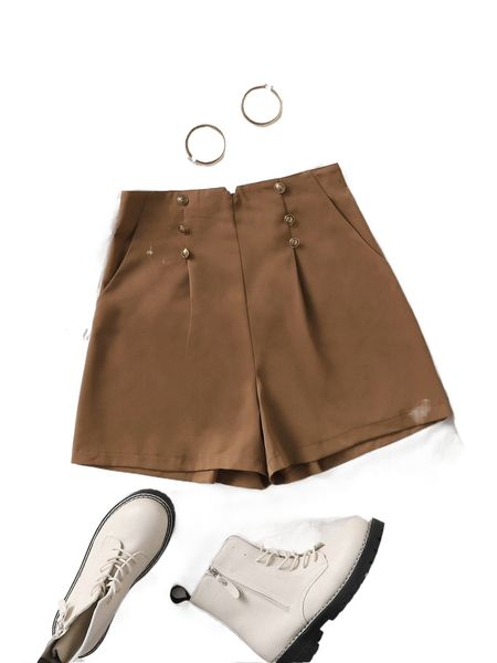 

notched waist button detail fold pleated zip back shorts j9u9#, White;black