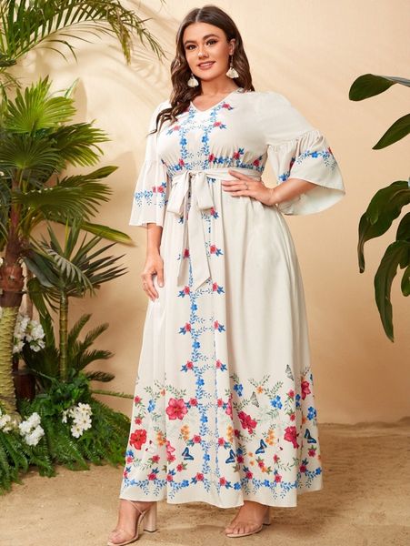 

plus floral print flounce sleeve dress 90y5#, Black