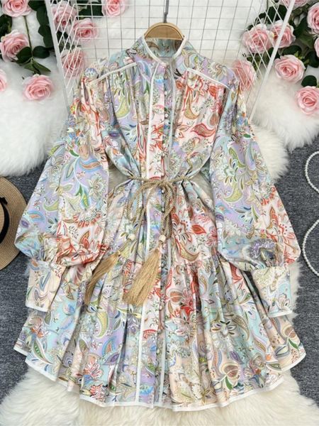 

Casual Dresses Women Summer Temperament Stand Collar Clothes 2022 Close Waist Thin INS A Line Printed Lantern Sleeve Dresscasual, Green