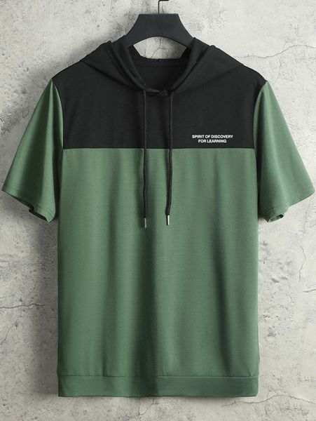 

men color block slogan graphic drawstring hooded tee t2hi#, White;black