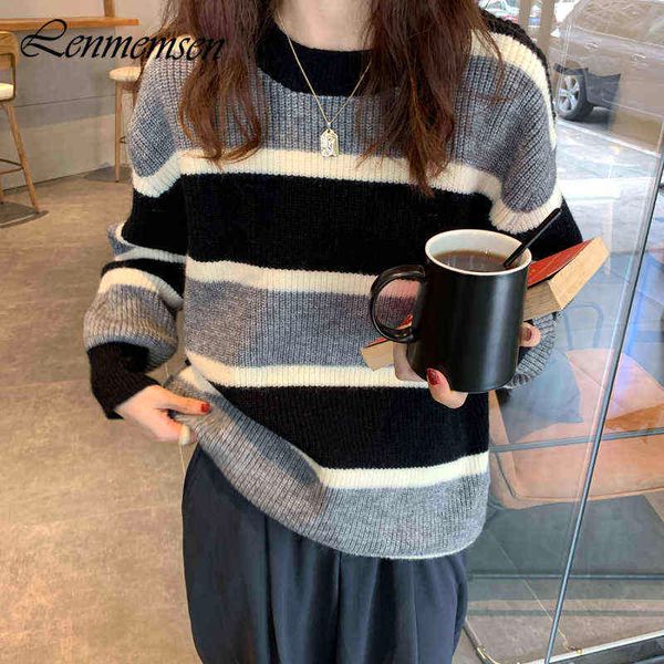 

lenmemsen winter thicken oversized knitted sweater women casual loose stripe o-neck pullove t220824, White;black