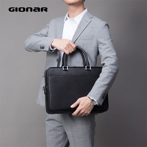 GIONAR Herren Aktentasche Messenger Bag Slim Echtleder 15 Zoll Laptop Business Aktentasche Tablet Tasche Schwarz Braun Grau Blau 210302