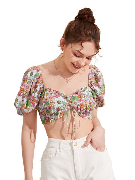 

x alexandra five floral sweetheart neck tie front crop g3ma#, White