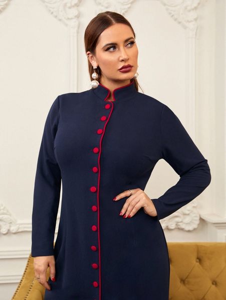

plus contrast piping button front dress 50j9#, Black