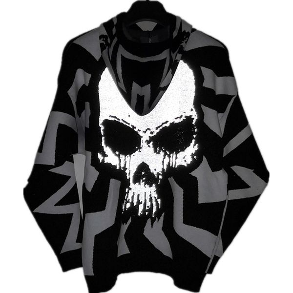 

men's sweaters hip hop punk skull reflective hooded sweater men women harajuku black white patchwork oversized pullovers jersey hombre, White;black