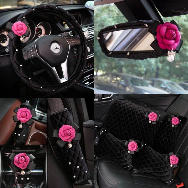 Coprisedili per auto Cute Plush Rose Flower Crystal Interni Coprivolante Poggiatesta Cambio Cambio Freno a mano Accessori