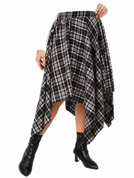 

plus plaid print hanky hem skirt g7et#, Black