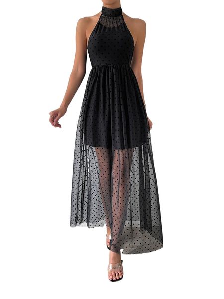 

contrast polka dot mesh halter neck backless dress d7cd#, Black;gray