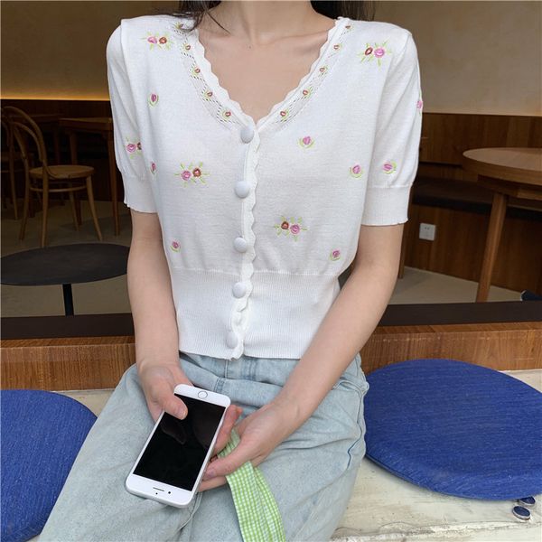 

women's knits & tees summer cardigan women knitted loose chic v-neck cardigans short sleeve sweaters floral embroidery femme white