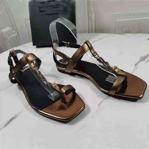 

sandal designer women sandals metal y flat heel genuine leather shoes 35-43 with box n7y8, Black