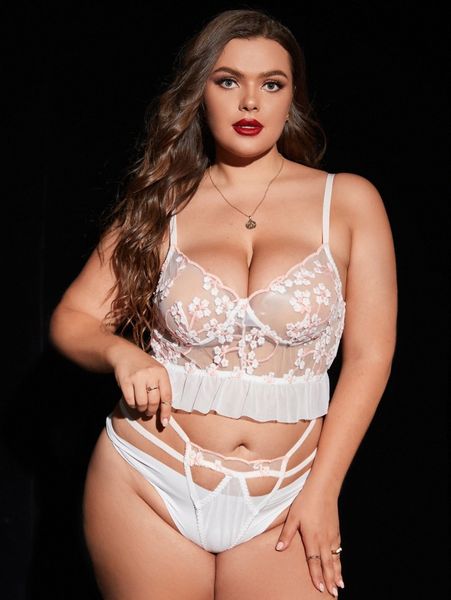 

plus embroidery sheer mesh lingerie set u8vn#, Black;white