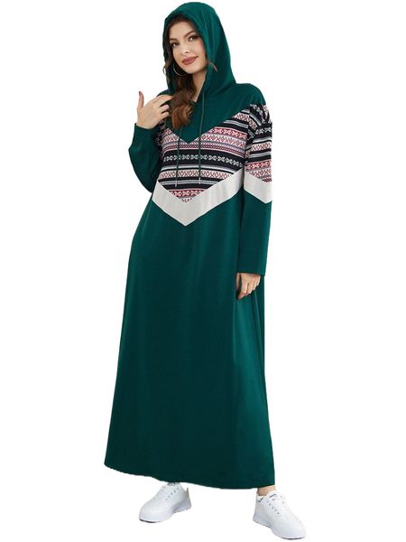 

geo & chevron print drawstring hoodie dress n1tb#, Black