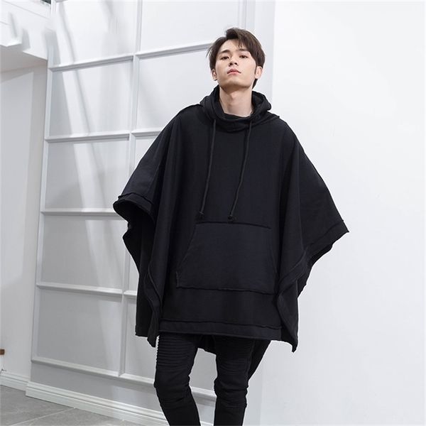

m-4xl autumn and winter men's loose bat cloak cape dark medium long fashion plus velvet thick hooded jacket 201126, Black