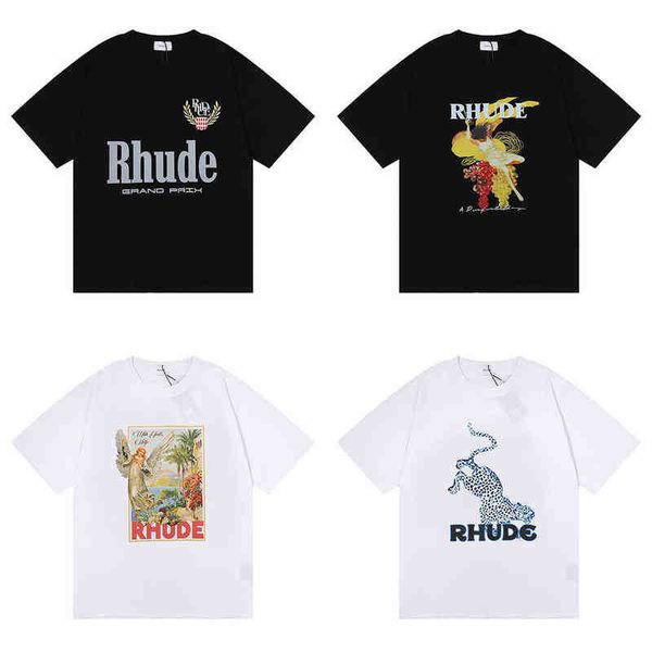 

2022 summer new rhude european and american high street fashion brand oversize loose casual men's and women's short sleeved t-shir, White;black