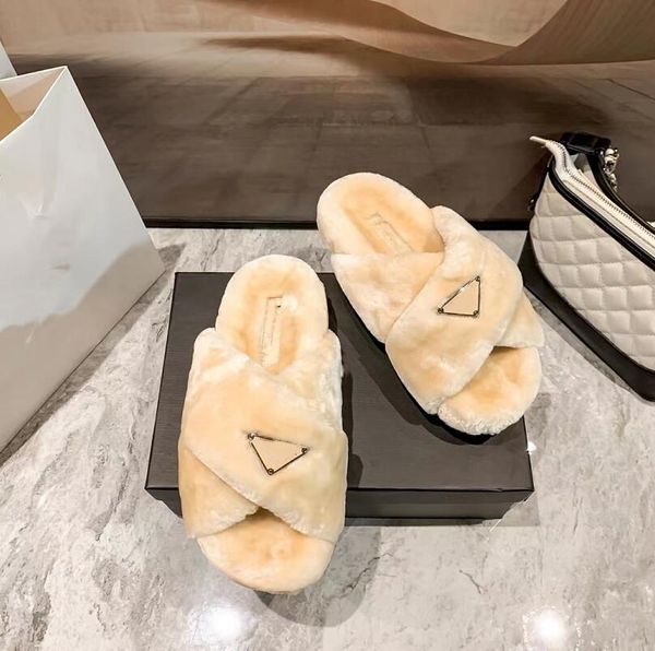 

womens slippers designers cross vamp wool home sandal flat bottom leisure slides fluffy plush fashion warmth woollen plush slipper winter qu, Black