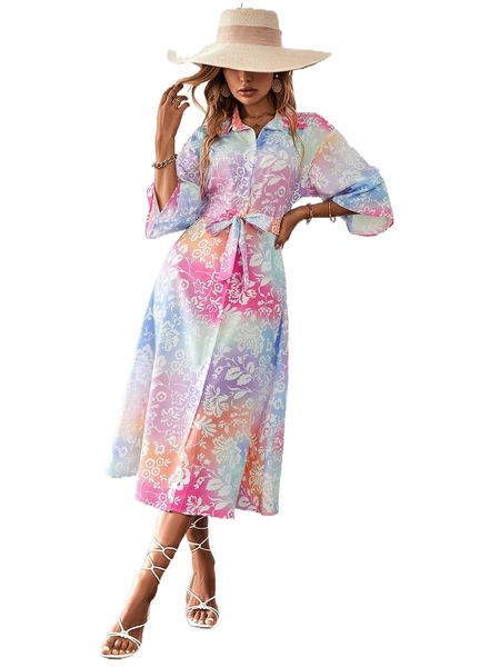 

random tie dye drop shoulder belted dress m8wj#, Black;gray