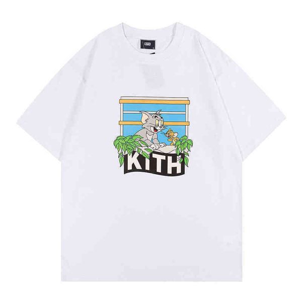 2022 SS High Street Tide Brand Homem camisetas masculinas Kith Cat Mouse impresso Desenho de mangas curtas para homens Tee algodão camisetas Men S09