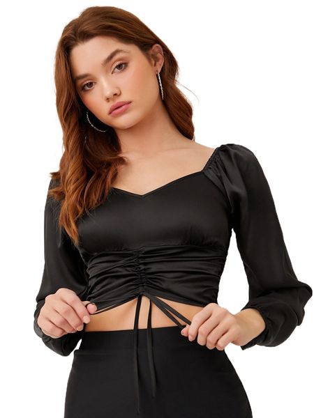 

drawstring ruched satin crop n3cb#, White