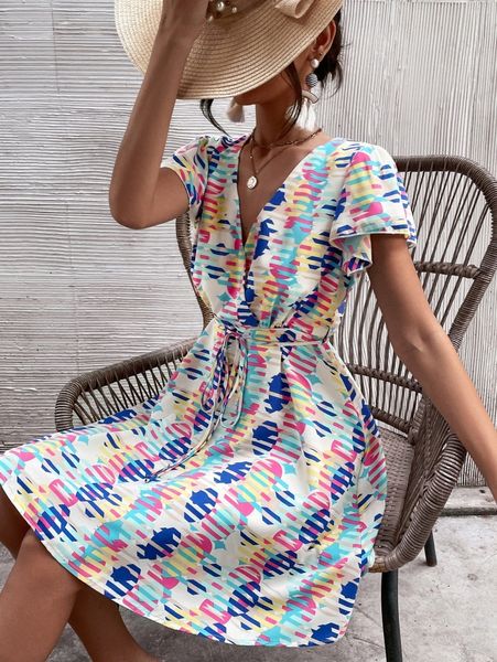 

geo print butterfly sleeve belted dress p3my#, Black;gray