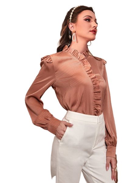 

striped jacquard ruffle trim blouse a07v#, White