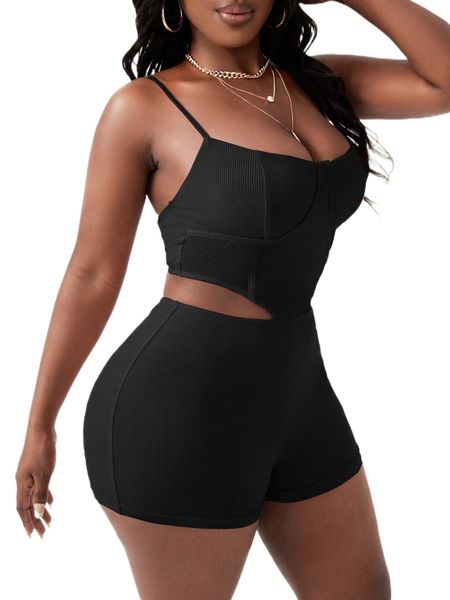

sxy cut out ribbed knit bustier cami unitard romper h3jf#, Black;white