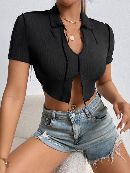 

seam detail split hem crop tee o9dl#, White