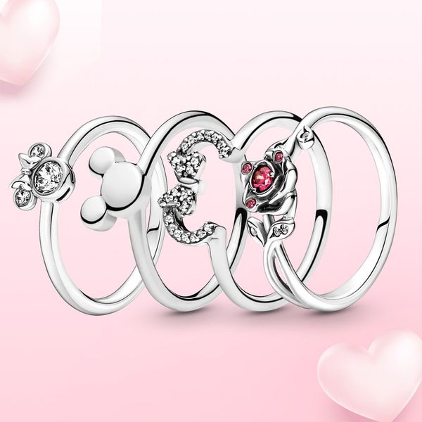 Anelli in argento sterling 925 brillanti gioielli anello topo rosa anello rosso fit coppia matrimonio cuore anello originale Fit Pandora creazione di gioielli regalo fai da te